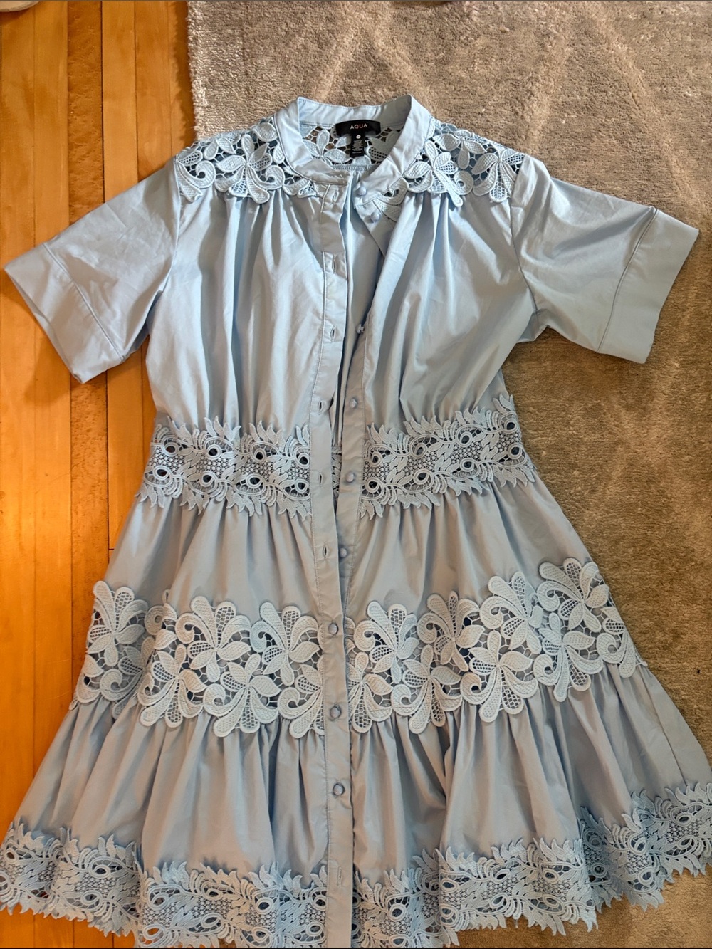 Aqua Light Blue Lace-Trim Button-Front Casual Dress